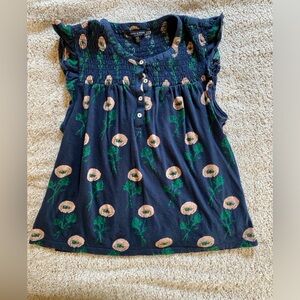 Lucky Brand Blue and Green Smocked Blouse